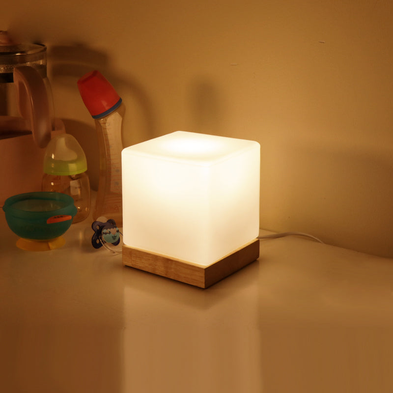 Contemporary Style Wood Desk Lamp White Glass Shade Table Light for Cafe Shop