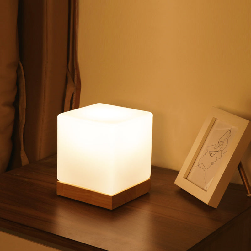 Contemporary Style Wood Desk Lamp White Glass Shade Table Light for Cafe Shop