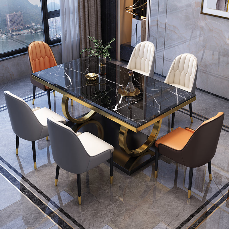 Mesa de comedor de mármol de lujo para mesa rectangular de restaurantes con pedestal de metal dorado