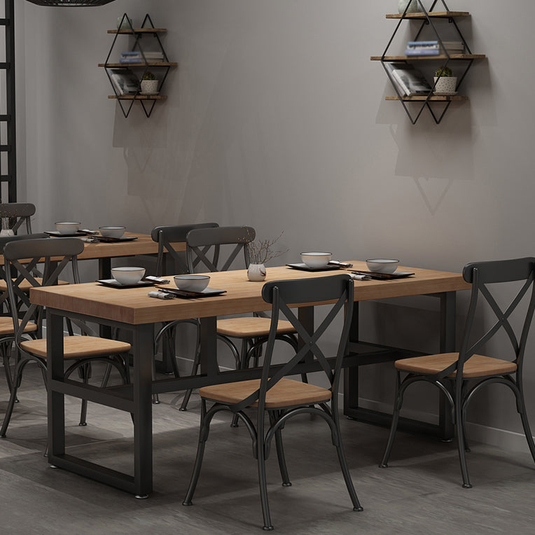 Mesa de comedor rectangular industrial mesa de madera maciza con base de caballete negro para uso doméstico