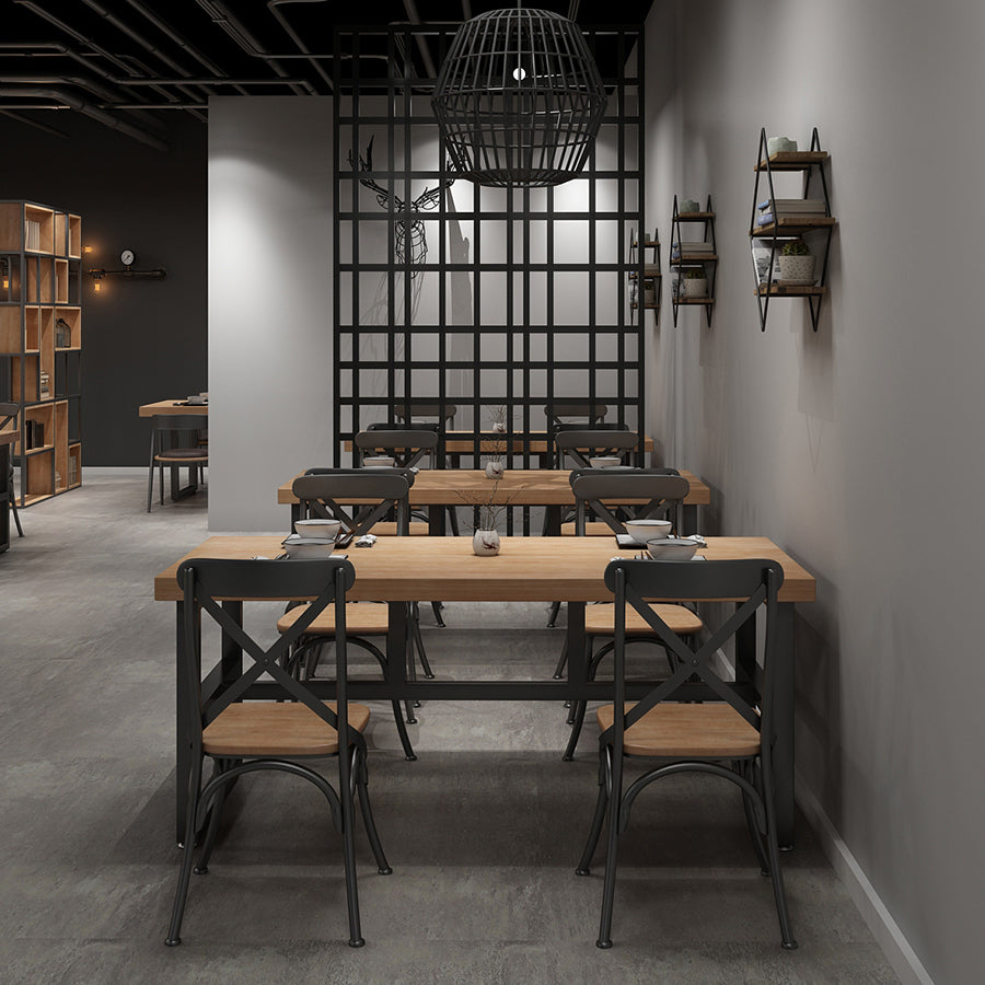 Mesa de comedor rectangular industrial mesa de madera maciza con base de caballete negro para uso doméstico