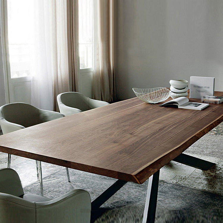 Industriële vaste houten eettafel rechthoekige tafel in bruin met metalen voetstuk