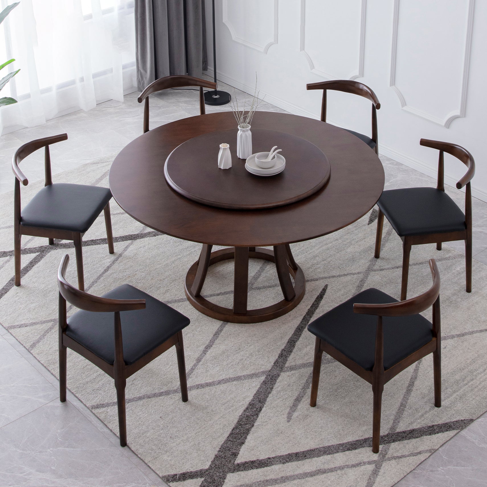 Rotatable Wooden Round Table in Brown Rubber Wood Dining Table with Pedestal