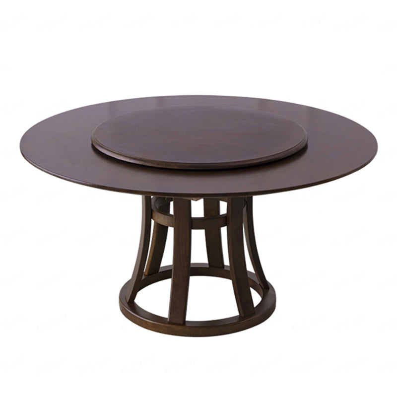 Rotatable Wooden Round Table in Brown Rubber Wood Dining Table with Pedestal