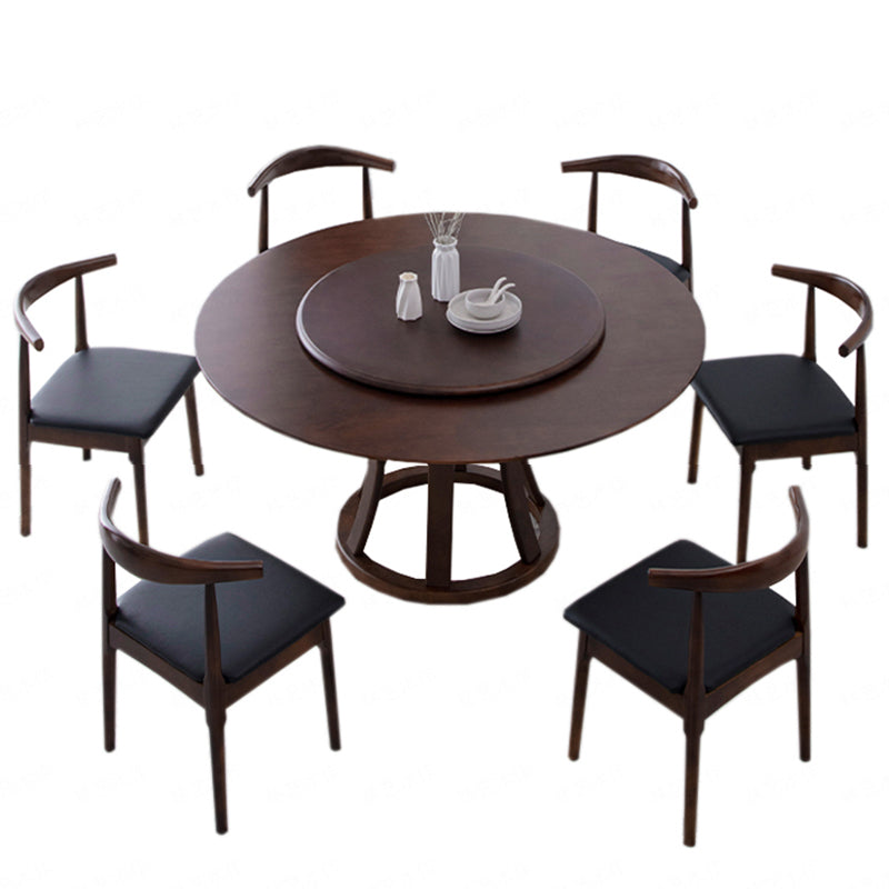 Rotatable Wooden Round Table in Brown Rubber Wood Dining Table with Pedestal