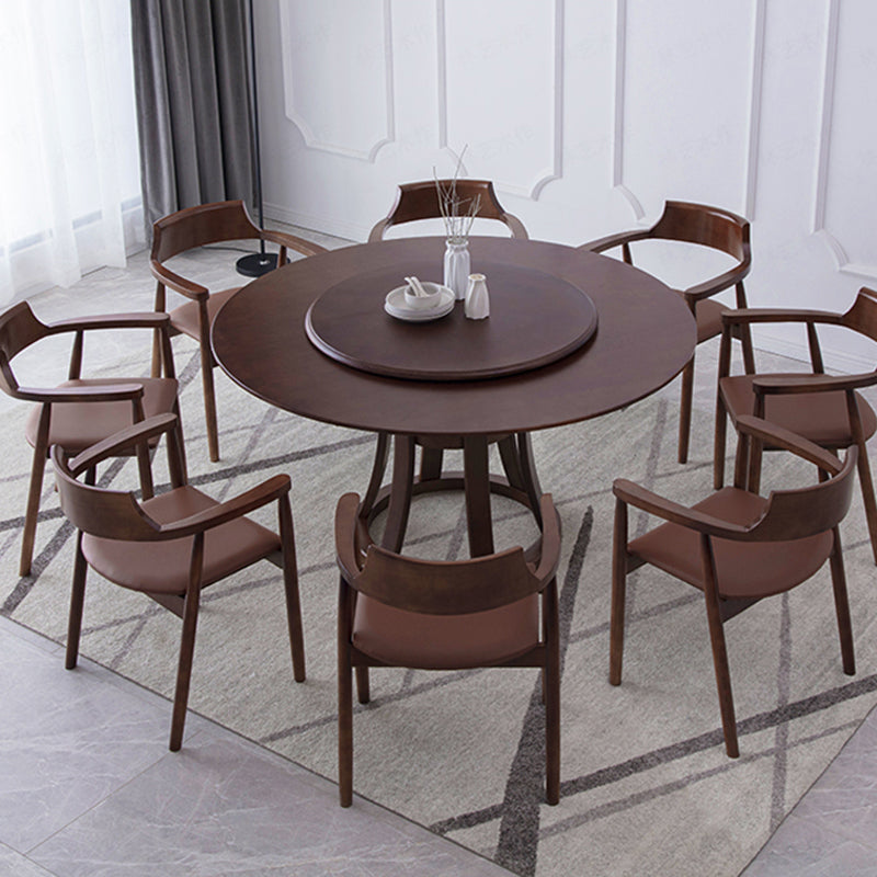 Rotatable Wooden Round Table in Brown Rubber Wood Dining Table with Pedestal