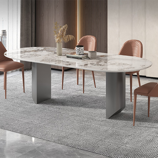 Sintered Stone Dining Table Modern Table in White with Grey Double Pedestal