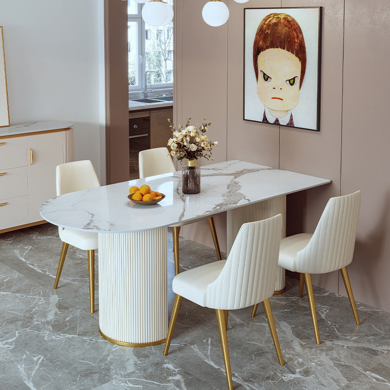Mesa de comedor de piedra sinterizada de cocina de estilo glamour con base de pedestal doble