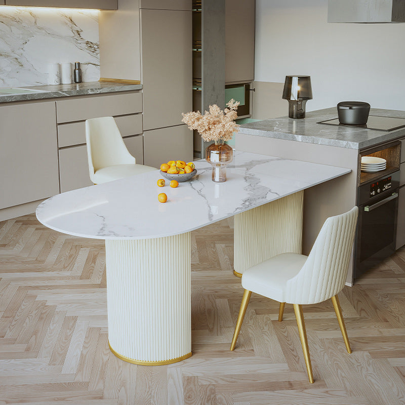 Mesa de comedor de piedra sinterizada de cocina de estilo glamour con base de pedestal doble