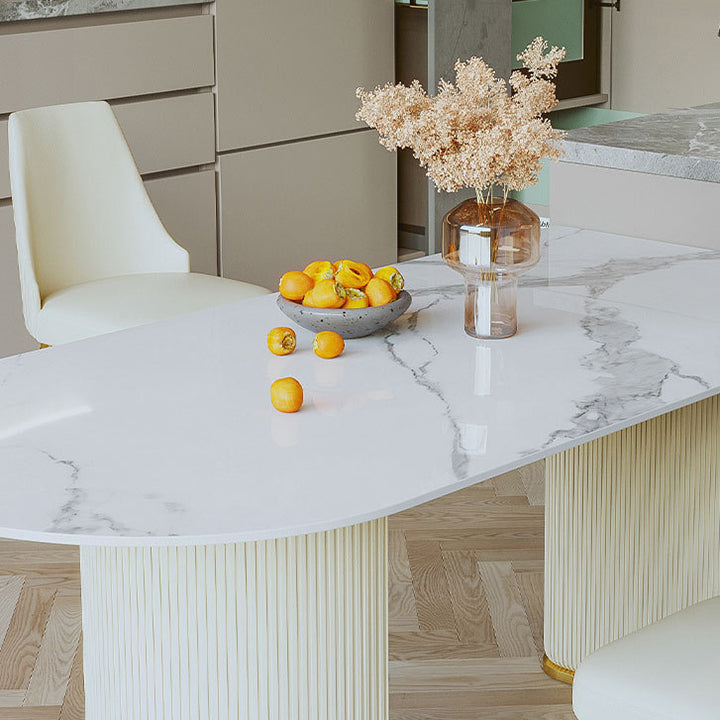 Mesa de comedor de piedra sinterizada de cocina de estilo glamour con base de pedestal doble