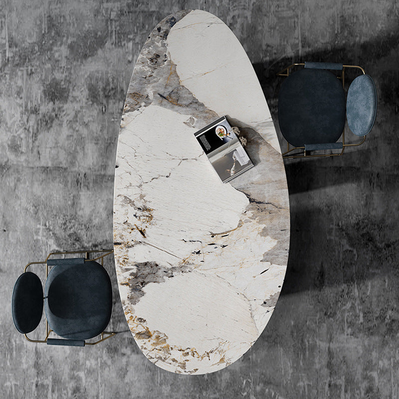 Oval Sintered Stone Dining Table Luxury Table in White with Metal 3 Legs