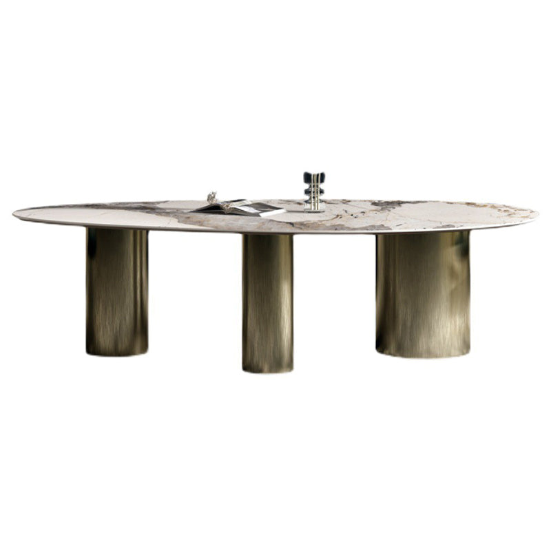 Oval Sintered Stone Dining Table Luxury Table in White with Metal 3 Legs