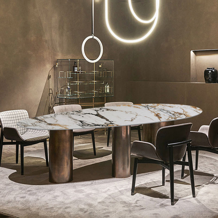 Oval Sintered Stone Dining Table Luxury Table in White with Metal 3 Legs