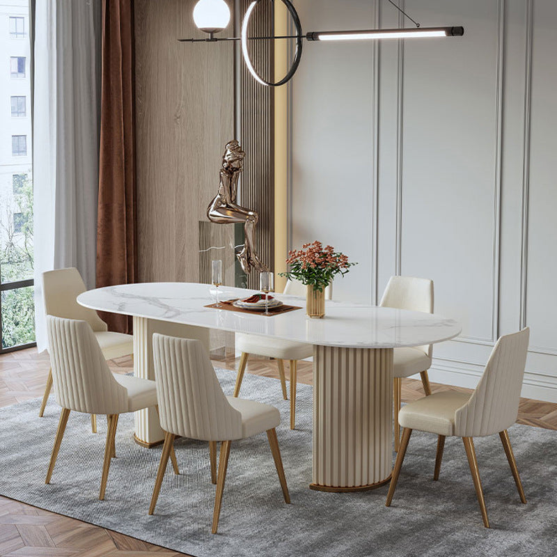 Mesa de comedor ovalada de lujo tradicional mesa sinterizada con pedestal doble blanco
