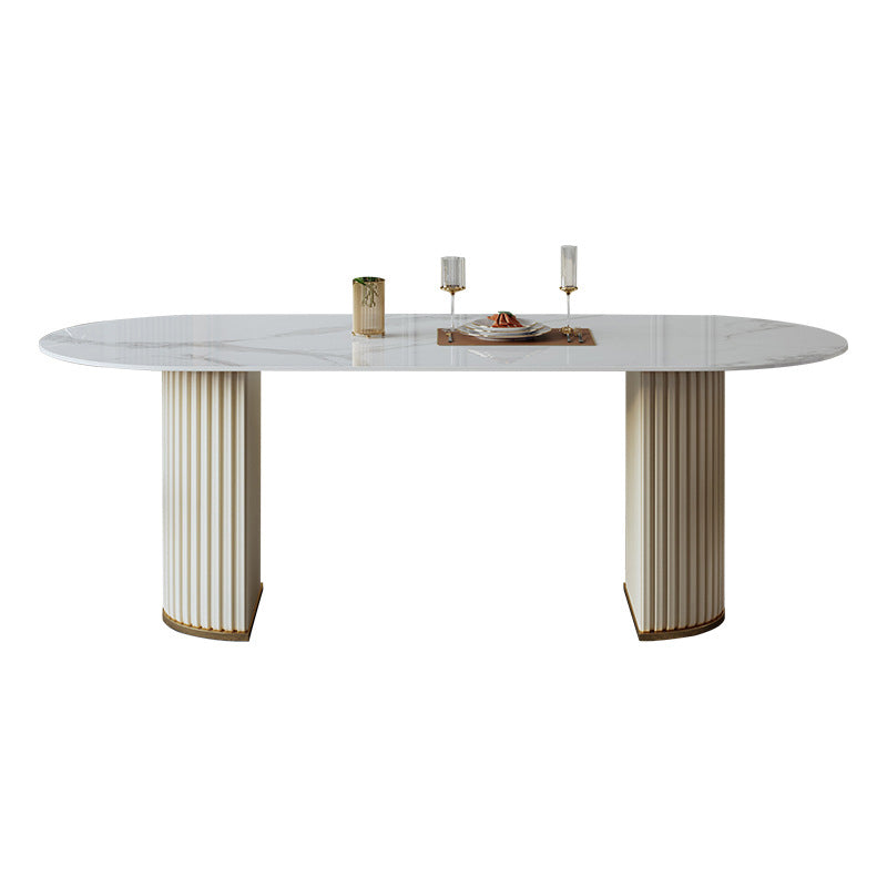 Mesa de comedor ovalada de lujo tradicional mesa sinterizada con pedestal doble blanco