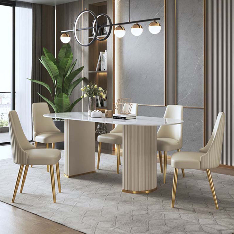 Traditionele luxe ovale eettafel gesinterde stenen tafel met witte dubbele voetstuk