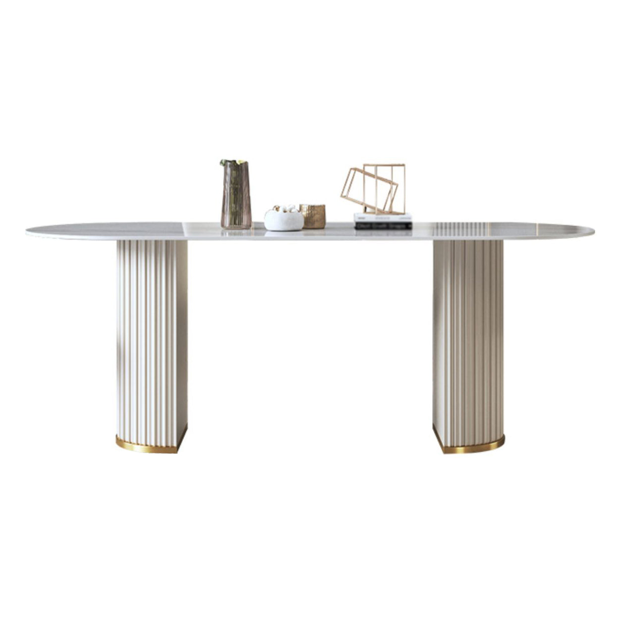 Traditionele luxe ovale eettafel gesinterde stenen tafel met witte dubbele voetstuk