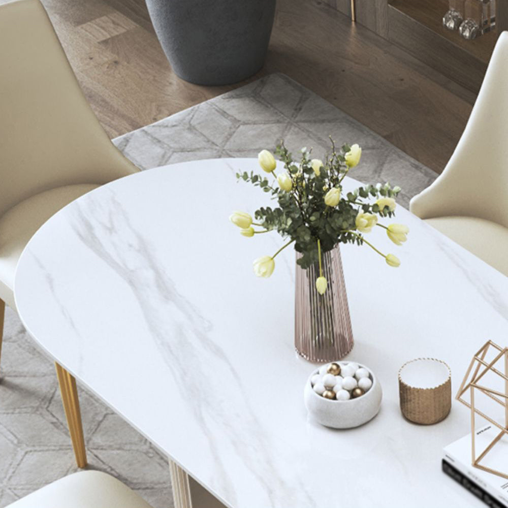 Traditionele luxe ovale eettafel gesinterde stenen tafel met witte dubbele voetstuk