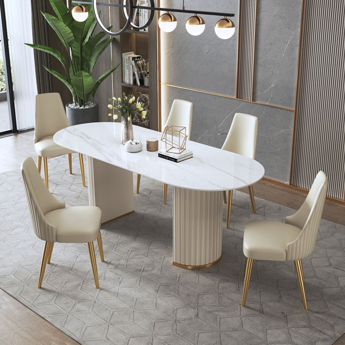Traditionele luxe ovale eettafel gesinterde stenen tafel met witte dubbele voetstuk