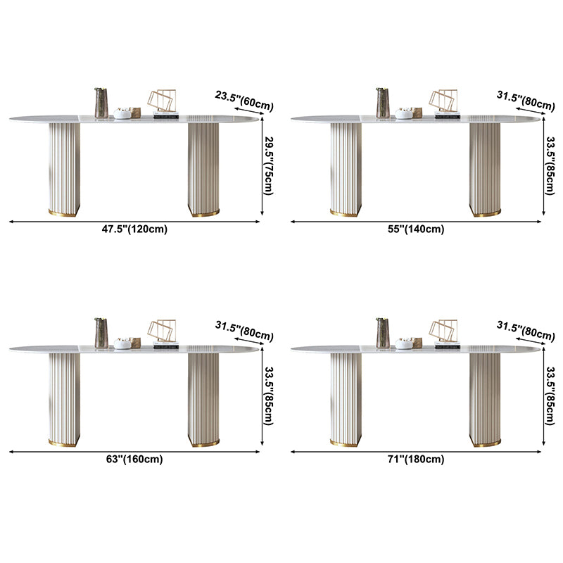 Traditionele luxe ovale eettafel gesinterde stenen tafel met witte dubbele voetstuk