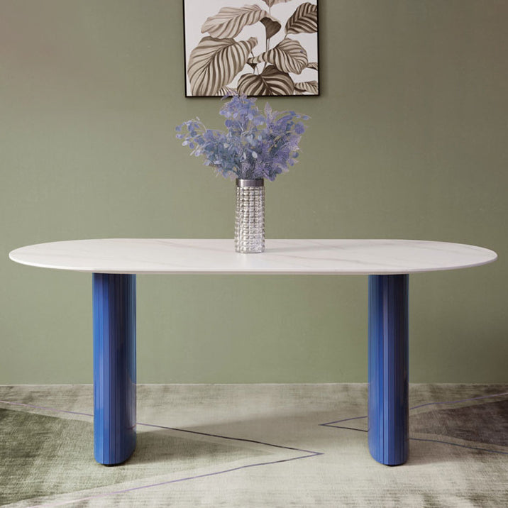 Tavolo da pranzo in pietra di pietra bianca e blu moderna tavolo da pranzo a forma ovale con doppia basi di piedistallo