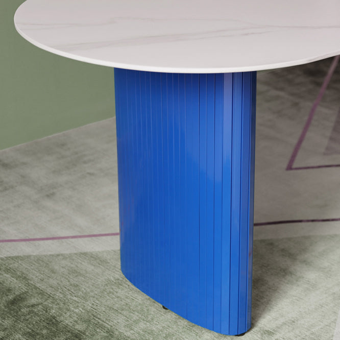 Tavolo da pranzo in pietra di pietra bianca e blu moderna tavolo da pranzo a forma ovale con doppia basi di piedistallo