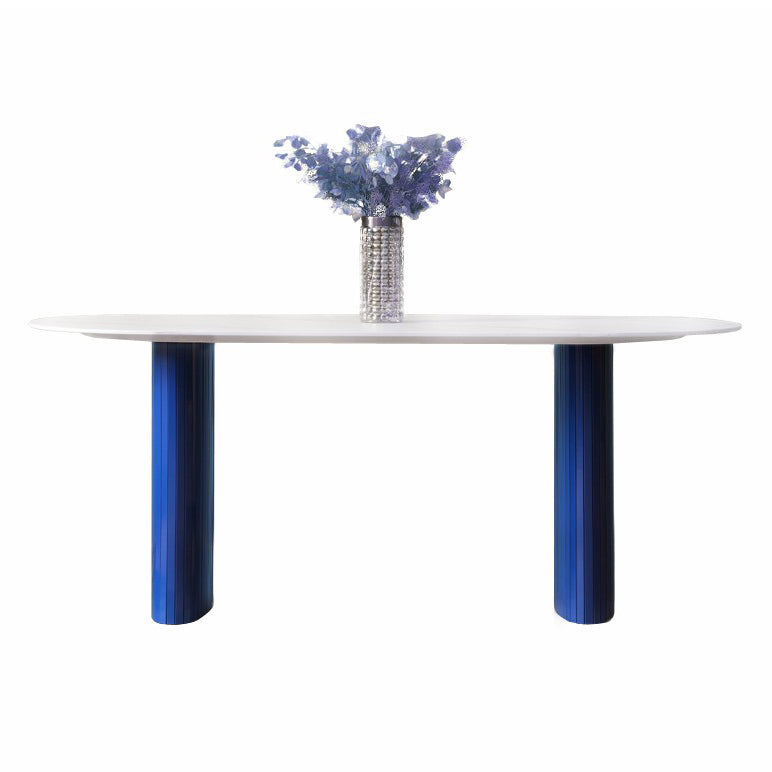Tavolo da pranzo in pietra di pietra bianca e blu moderna tavolo da pranzo a forma ovale con doppia basi di piedistallo