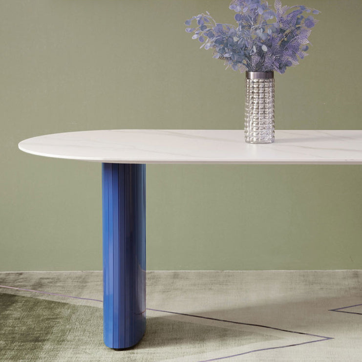 Tavolo da pranzo in pietra di pietra bianca e blu moderna tavolo da pranzo a forma ovale con doppia basi di piedistallo