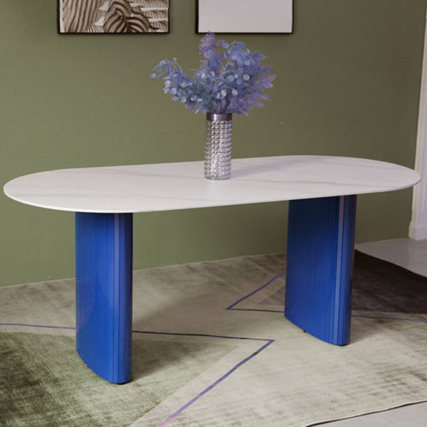 Tavolo da pranzo in pietra di pietra bianca e blu moderna tavolo da pranzo a forma ovale con doppia basi di piedistallo
