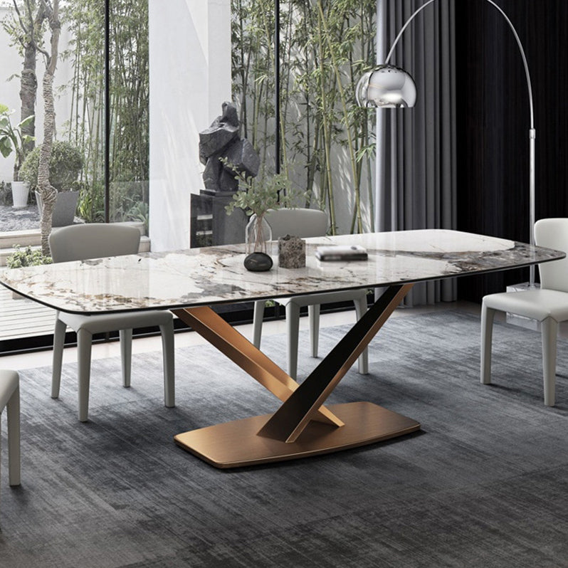 Mesa de comedor gris con forma rectangular Glam, mesa de comedor de cocina de piedra sinterizada con base de pedestal