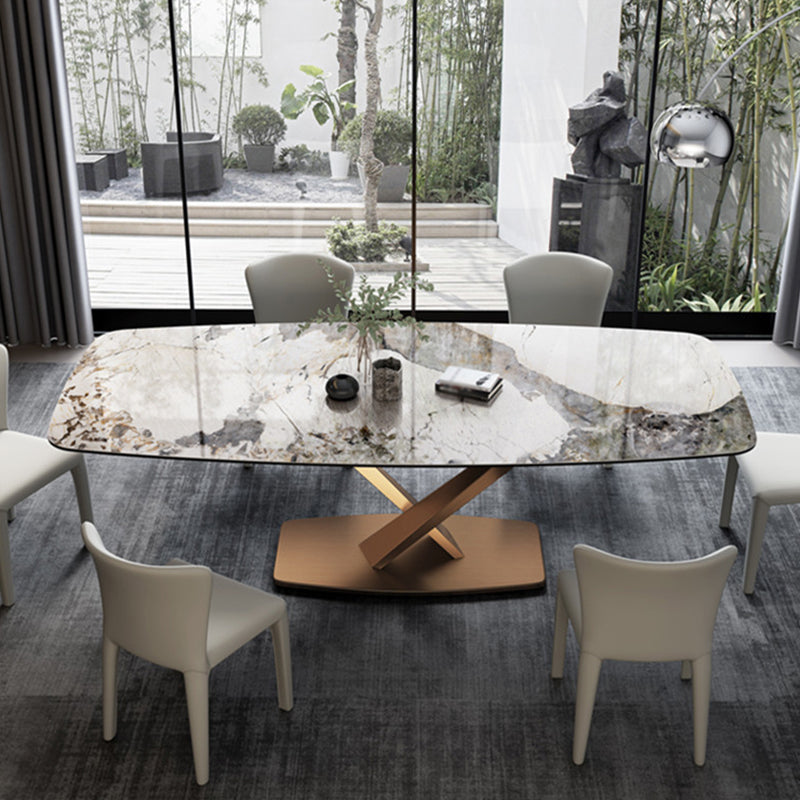 Mesa de comedor gris con forma rectangular Glam, mesa de comedor de cocina de piedra sinterizada con base de pedestal