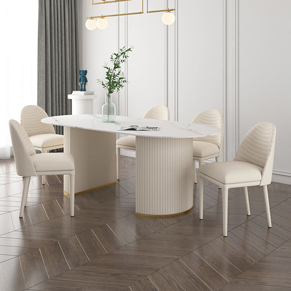 Traditional Luxury Oval Dining Table Sintered Stone Table with White Double Pedestal for Dining Room