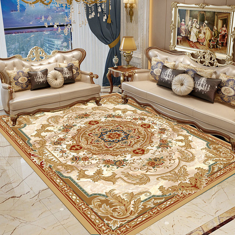 Beige Medallion Pattern Area Carpet European Polyester Area Rug Non-Slip Backing Rug for Home Decor