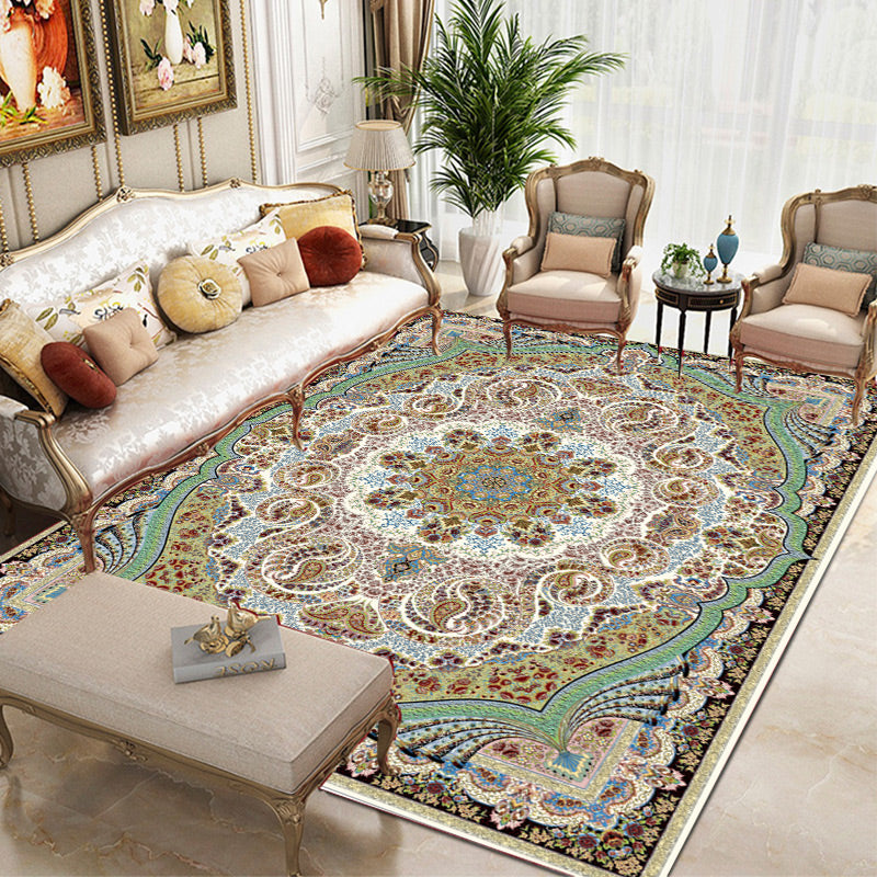 Tapis traditionnel vert Médaillon Médaillon Tapis lavable pour le salon