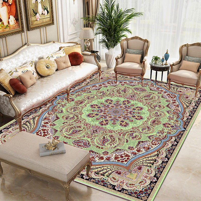 Tapis traditionnel vert Médaillon Médaillon Tapis lavable pour le salon