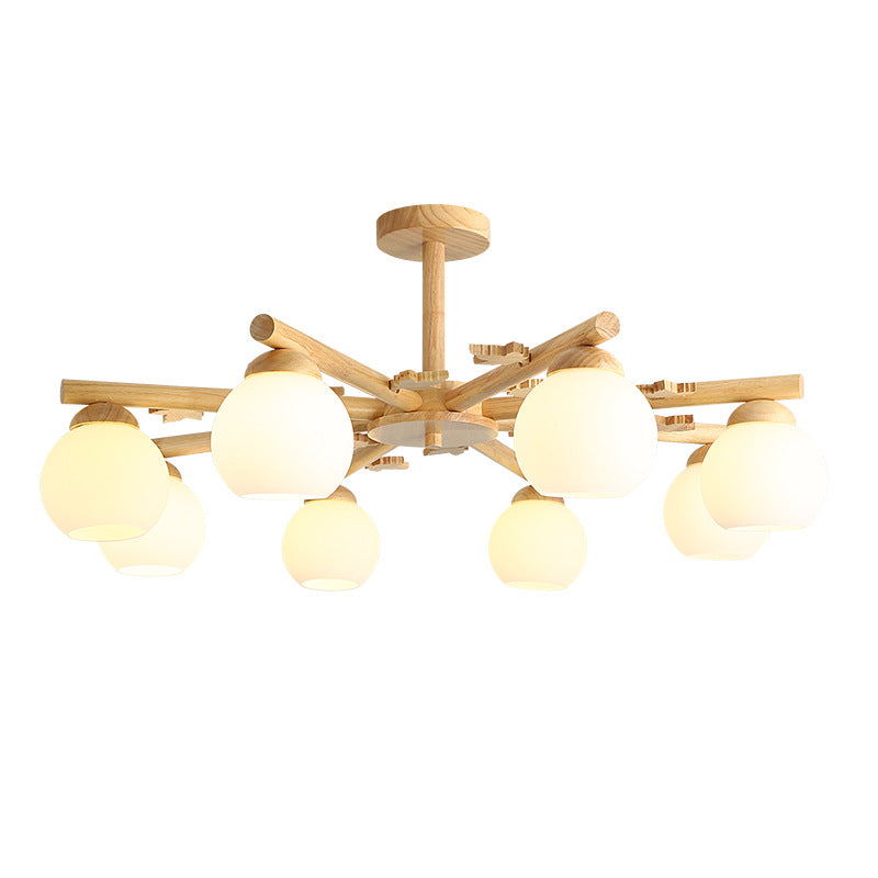 Moderne stijl houten kroonluchter witte bol glazen schaduw hangende verlichting armatuur voor salon