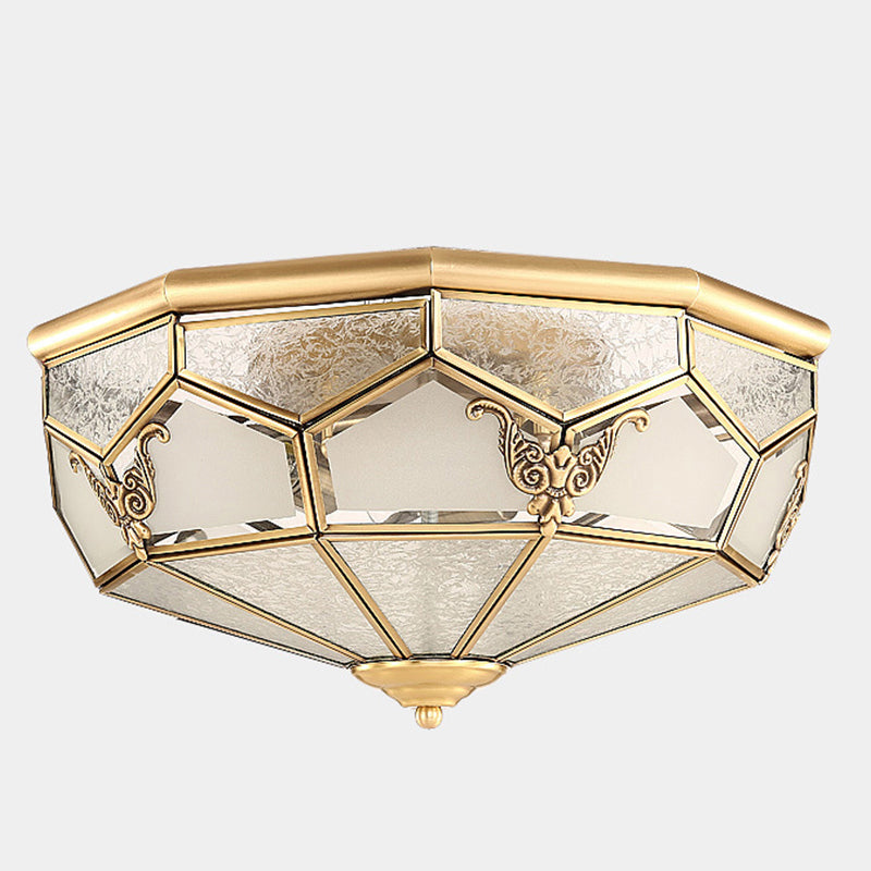 Colonial Luxury Bowl Ceiling Light Copper Indoor Flush Mount with Patterned Glass Shade