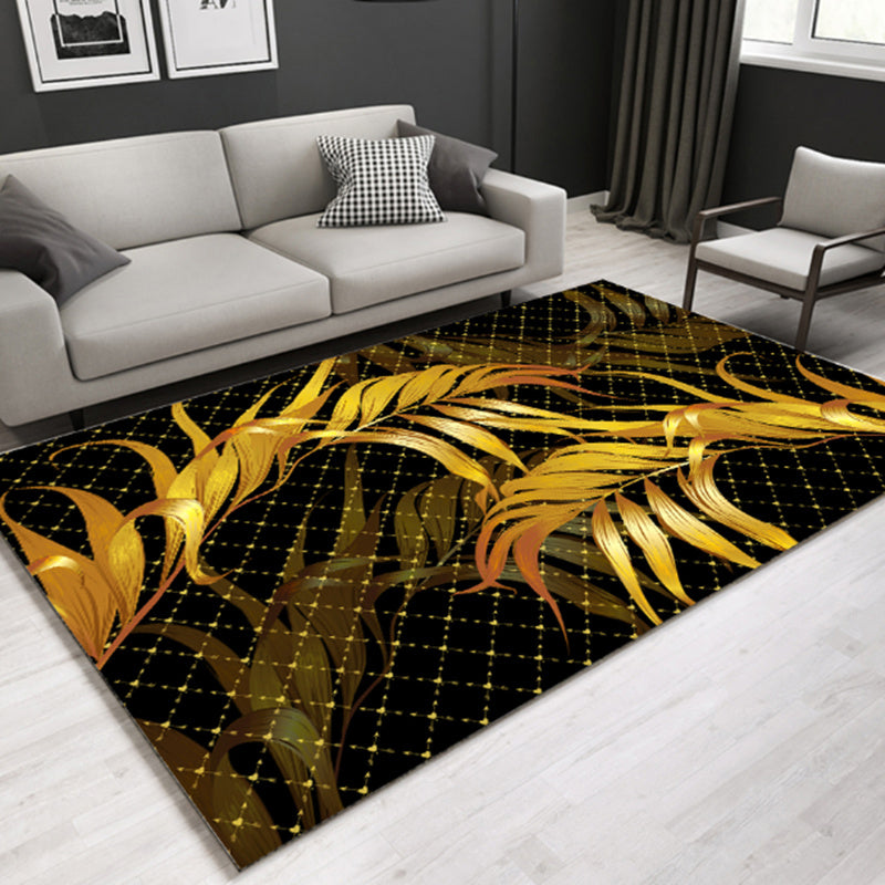 Gold Modern Rug Polyester Leaves Rug Non-Slip Backing Rug for Home Decor