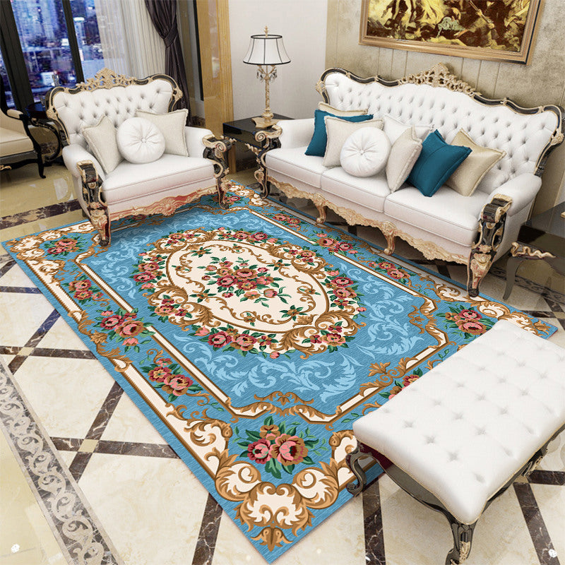 European Living Room Area Carpet Floral Pattern Polyester Area Rug Anti-Slip Easy Care Rug