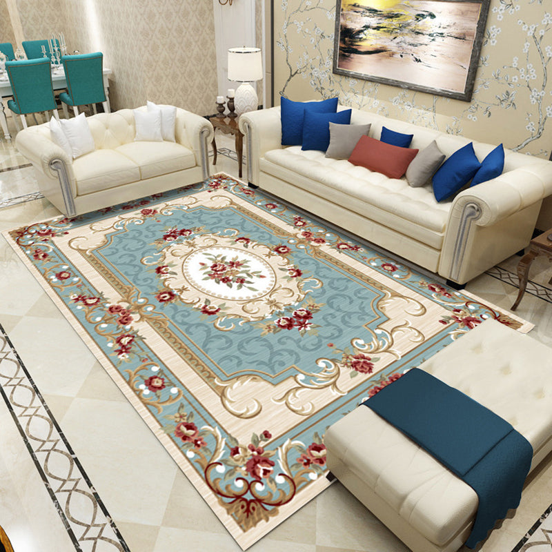 European Living Room Area Carpet Floral Pattern Polyester Area Rug Anti-Slip Easy Care Rug