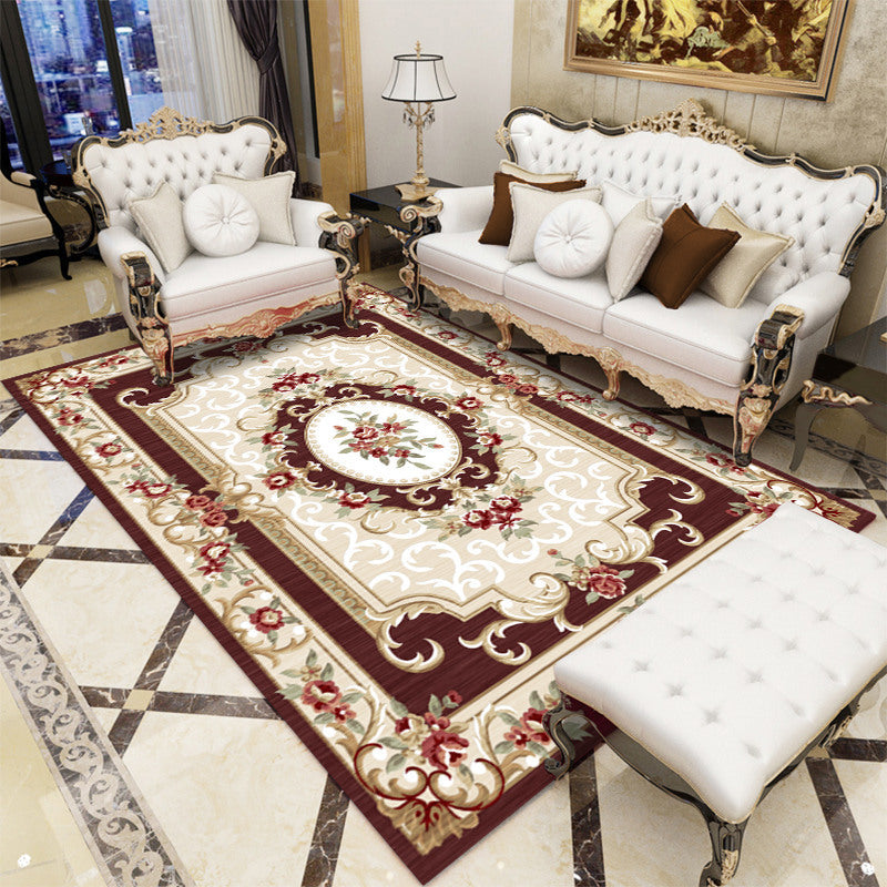 European Living Room Area Carpet Floral Pattern Polyester Area Rug Anti-Slip Easy Care Rug
