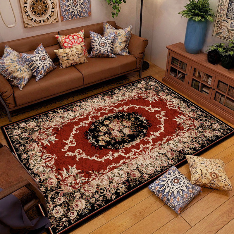Red Tone Traditional Rug Retro Flower Print Carpet Stain Resistant Carpet for Living Room