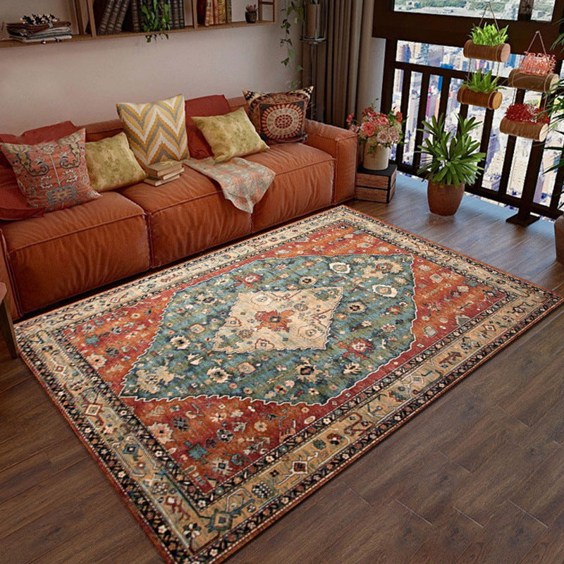 Red Tone Traditional Rug Retro Flower Print Carpet Stain Resistant Carpet for Living Room