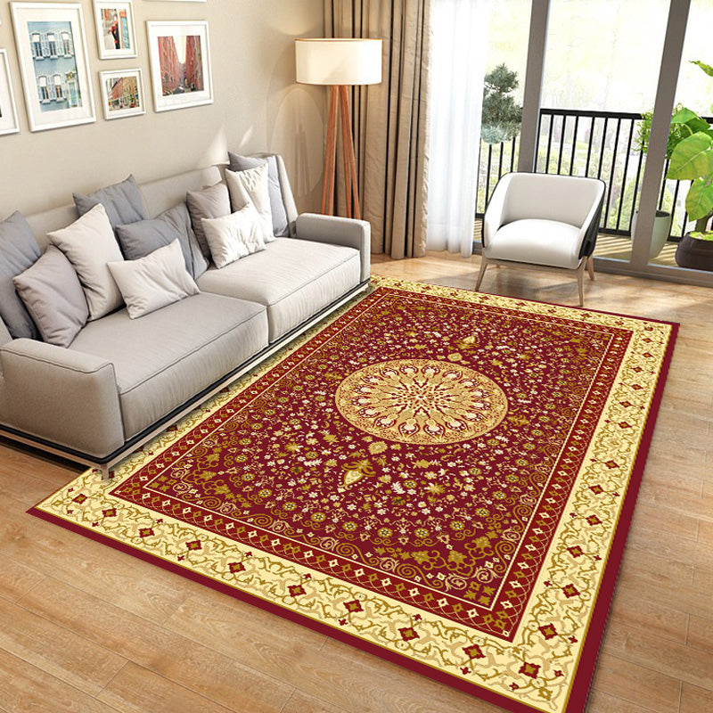 Stylish Medallion Pattern Area Carpet Red Traditional Area Rug Anti-Slip Rug for Living Room