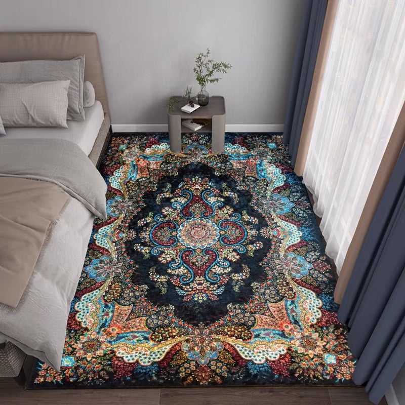 Blue Traditional Area Carpet Medallion Pattern Polyester Area Rug Anti-Slip Rug for Home Decor