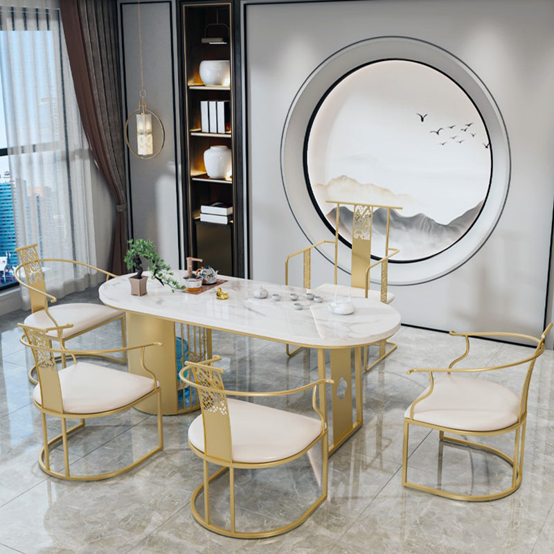 Traditional Luxury Oval Dining Table Sintered Stone Table with Gold Double Pedestal for Dining Room