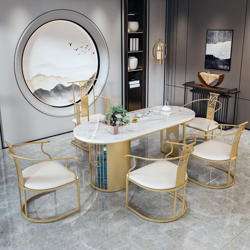 Traditional Luxury Oval Dining Table Sintered Stone Table with Gold Double Pedestal for Dining Room