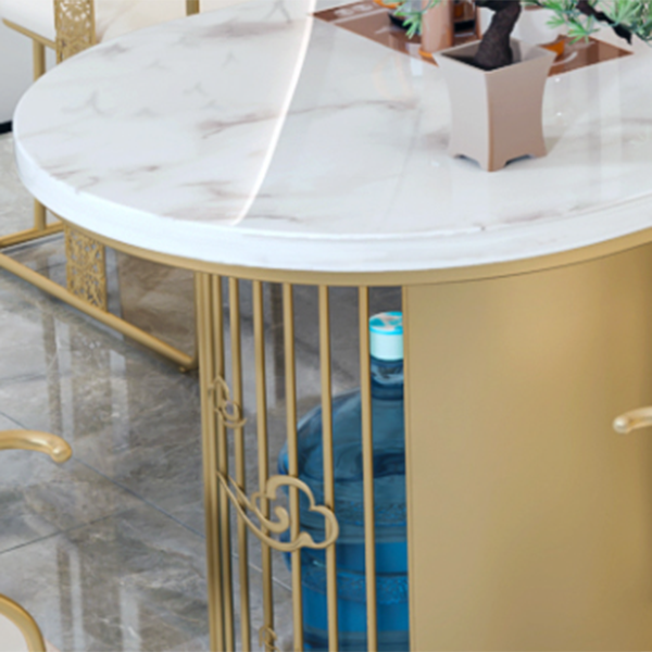Traditional Luxury Oval Dining Table Sintered Stone Table with Gold Double Pedestal for Dining Room
