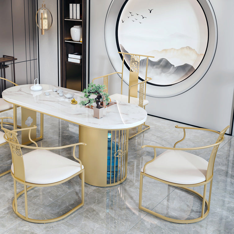 Traditional Luxury Oval Dining Table Sintered Stone Table with Gold Double Pedestal for Dining Room