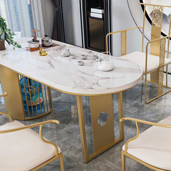 Traditional Luxury Oval Dining Table Sintered Stone Table with Gold Double Pedestal for Dining Room